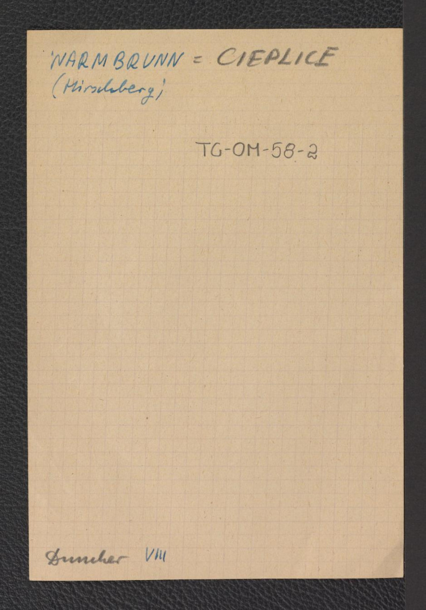 karta zawierająca niemiecko i polskojęzyczną nazwę wymienionej miejscowości oraz odsyłacz do pracy Aleksandra Dünckera, skan 1