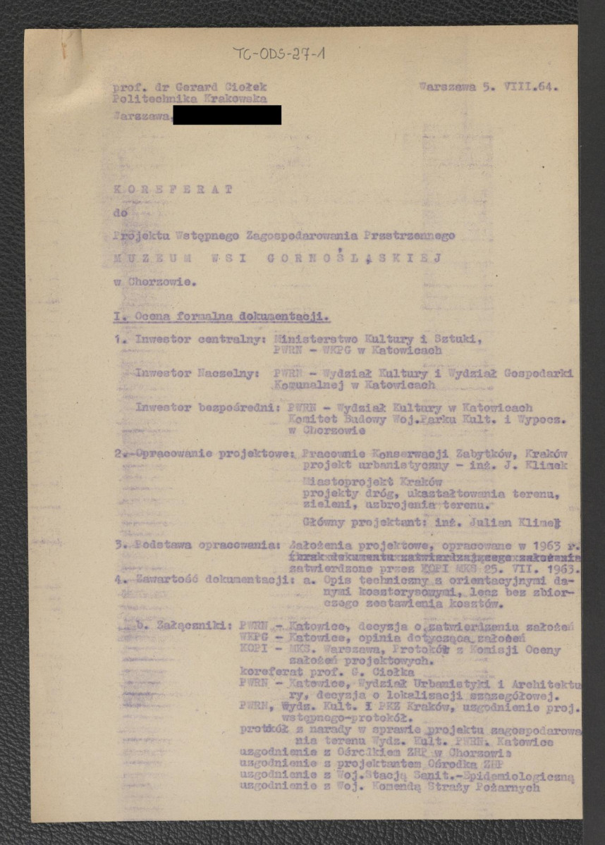 koreferat Gerarda Ciołka do projektu wstępnego zagospodarowania przestrzennego Muzeum Wsi Górnośląskiej w Chorzowie z dnia 5 sierpnia 1964 r., skan 1