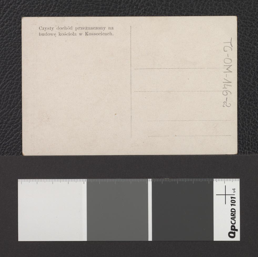 reprodukcja barwnej akwareli w formie karty pocztowej przedstawiającej projekt miejscowego kościoła według projektu krakowskiego architekta Jana Stobieckiego, skan 4