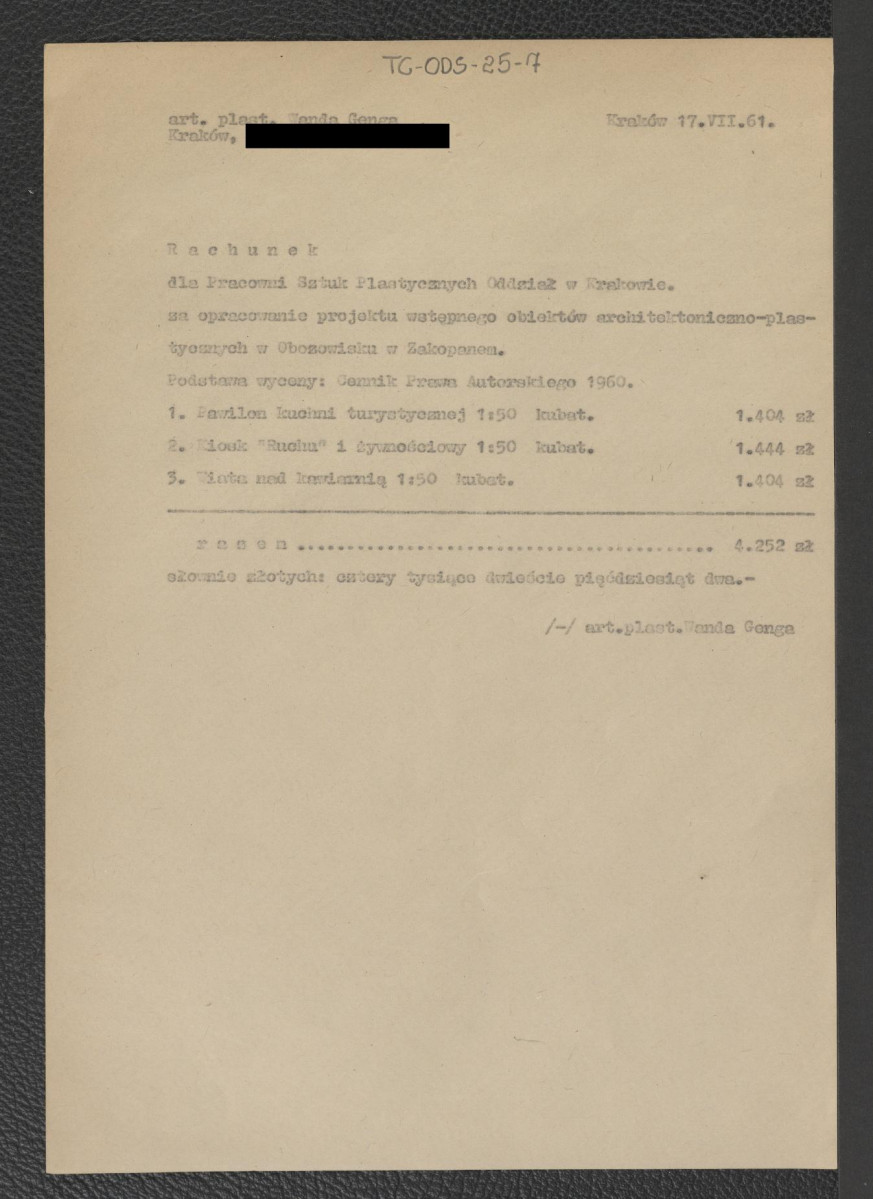 rachunek z dnia 17 lipca 1961 r. wystawiony przez art. plast. Wandę Gengę dla Pracowni Sztuk Plastycznych w Krakowie za opracowanie wstępnego projektu obiektów architektoniczno-plastycznych w Obozowisku w Zakopanem, skan 1