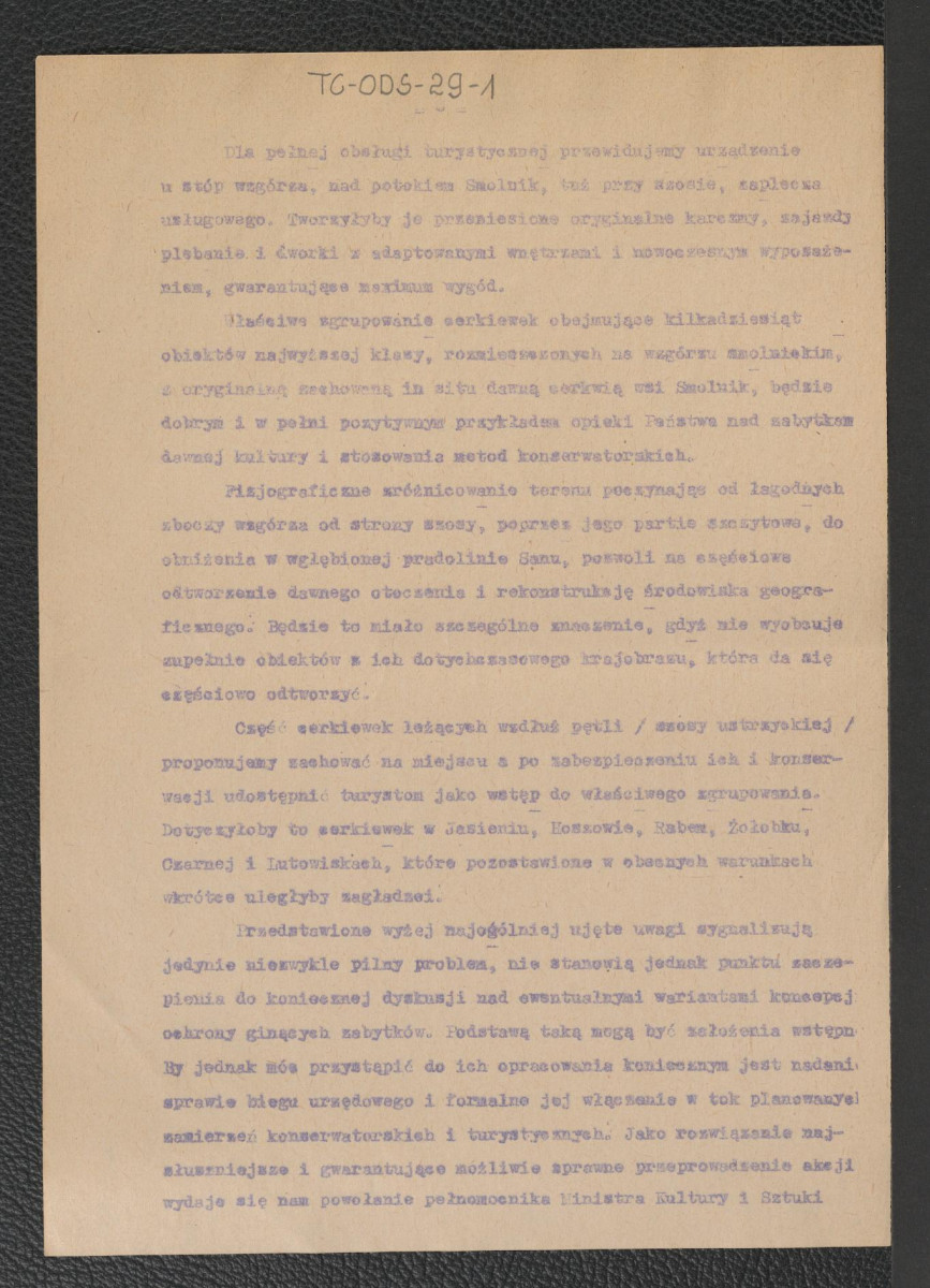 memoriał opracowany w muzeum w Łańcucie z dnia 1 lipca 1965 r. w sprawie zabepieczenia ludowej architektury kultowej południowej Rzeszowszczyzny i w sprawie turystycznego zagospodarowania Bieszczad , skan 6