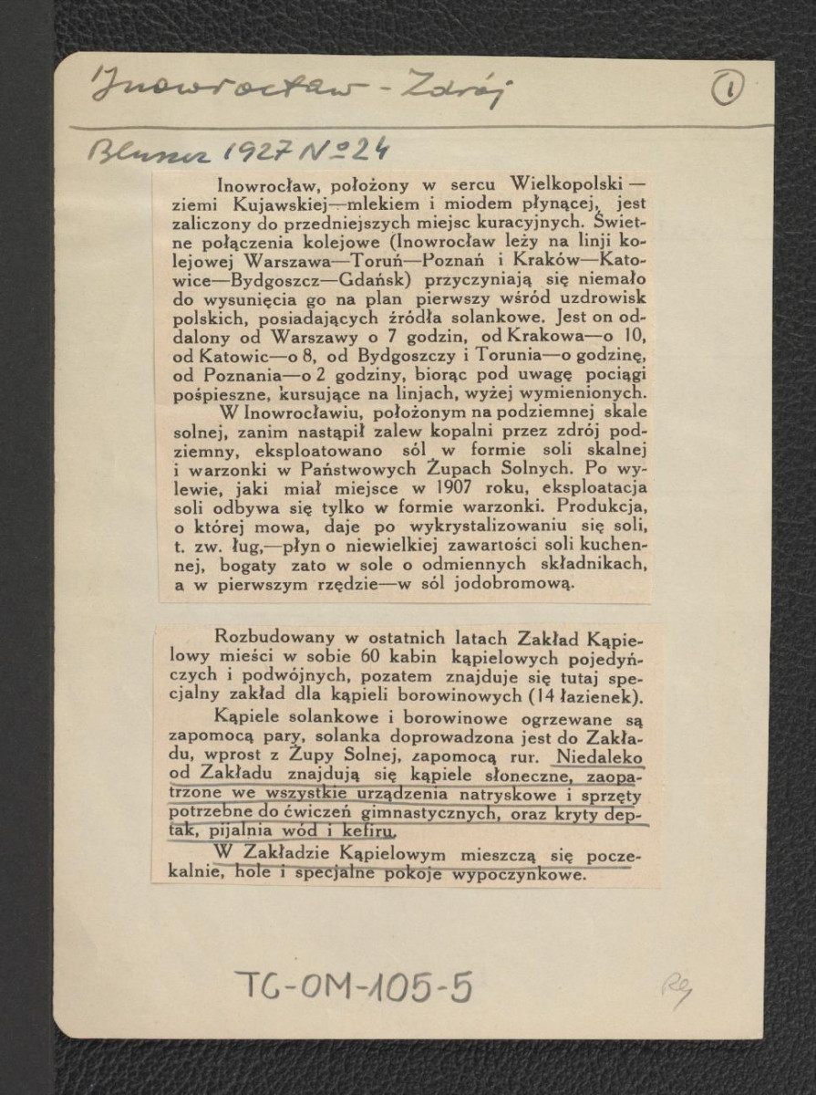 wycinek z „Bluszcz” nr 24 (1927) zawierający informację dotyczącą usytuowania wymienionej miejscowości oraz tamtejszego zakładu kąpielowego, skan 1