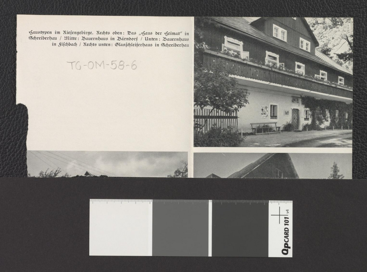 fragment niemieckojęzycznego foldera informacyjnego zawierjącego dwubarwną reprod. fotografii ukazującej fragment miejscowego zdrojowiska, skan 1