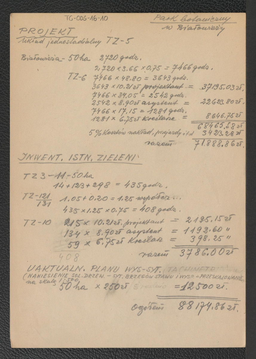 kosztorys projektu parku botanicznego w Białowieży , skan 1