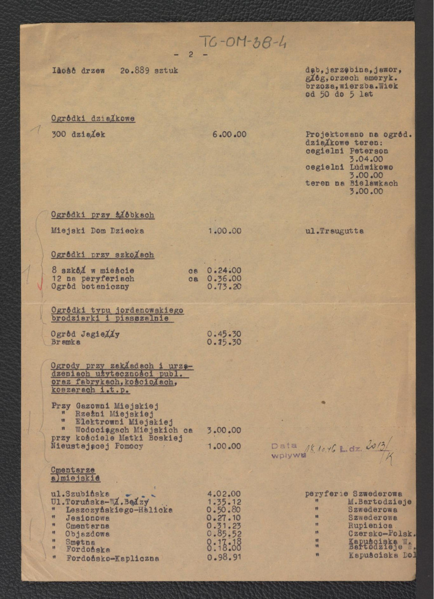 wykaz plantacji, skwerów, zieleńców i cmentarzy miasta Bydgoszczy sporządzony przez 18 października 1946 r., skan 4