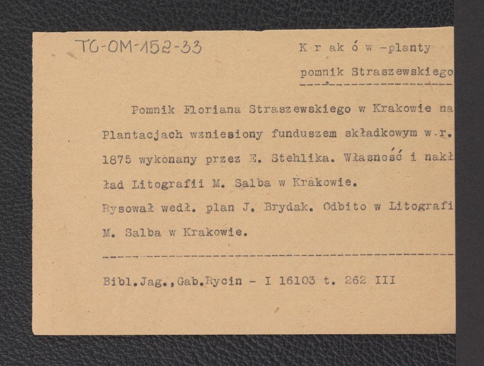 opis odbitki litografii M. Salby przedstawiającej pomnik Floriana Straszewskiego znajdującej się Bibliotece Jagiellońskiej, Gabinet Rycin - I 16103 t. 262 III, skan 1