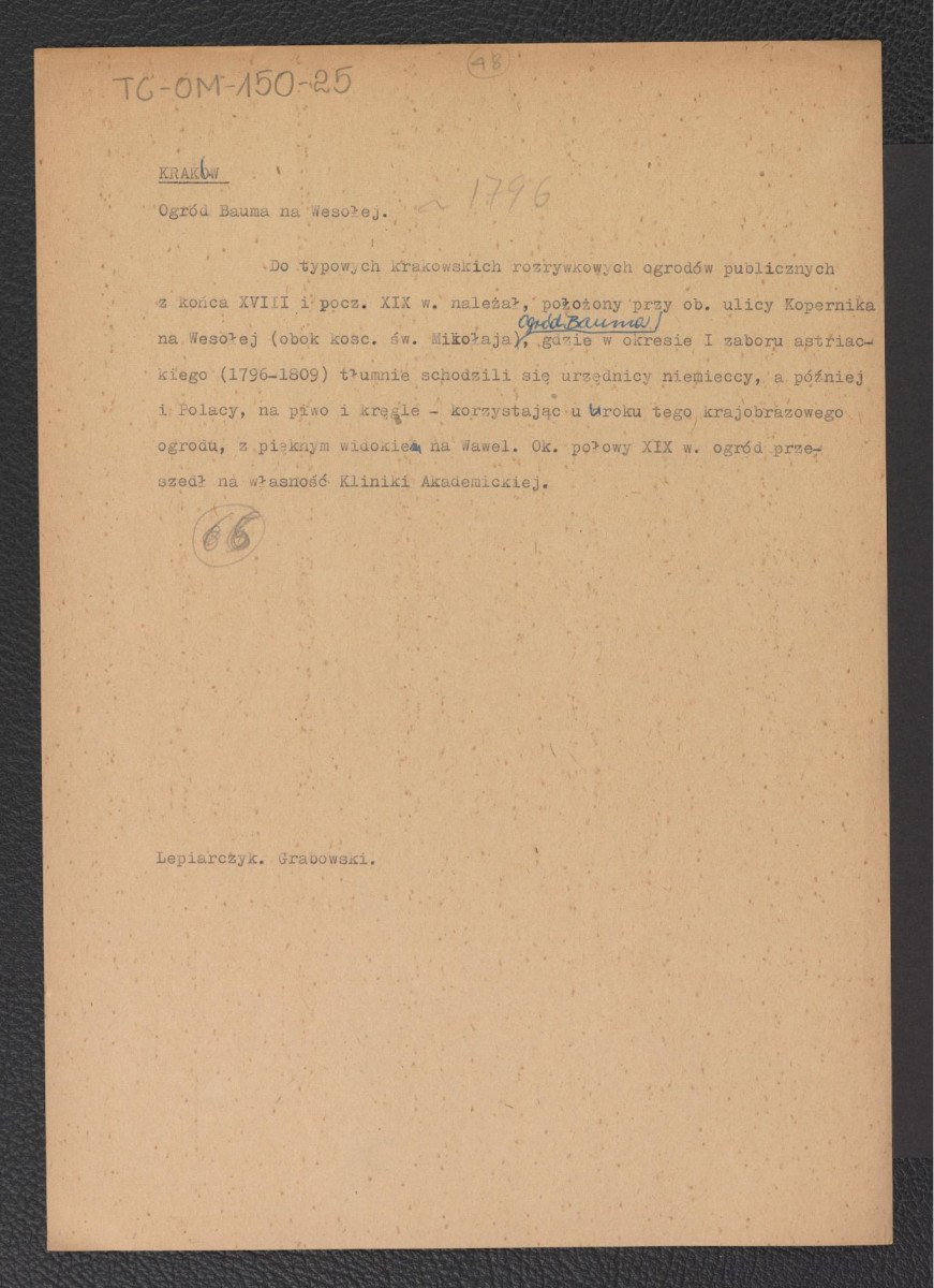 notatka kompilowana na podstawie Lepiarczyk, Grabowski dotycząca ogrodu Bama na Wesołej, skan 1