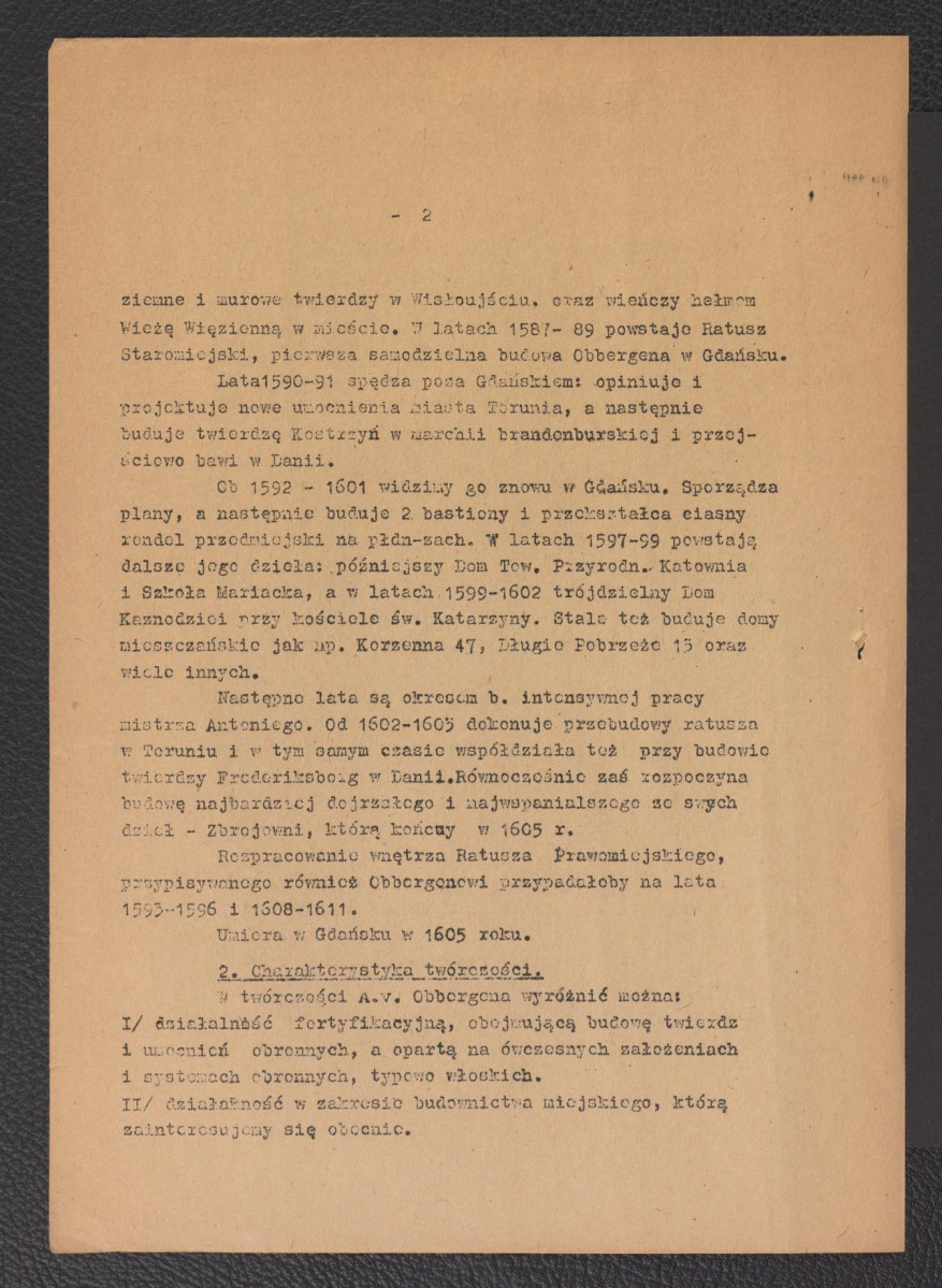 referat sekcyjny pt. Antoni Van Obbergen wygłoszony przez mgr Jadwigę Habele podczas sesji naukowej Politechniki Gdańskiej w dniach 5-6 czerwca 1953 r., skan 2