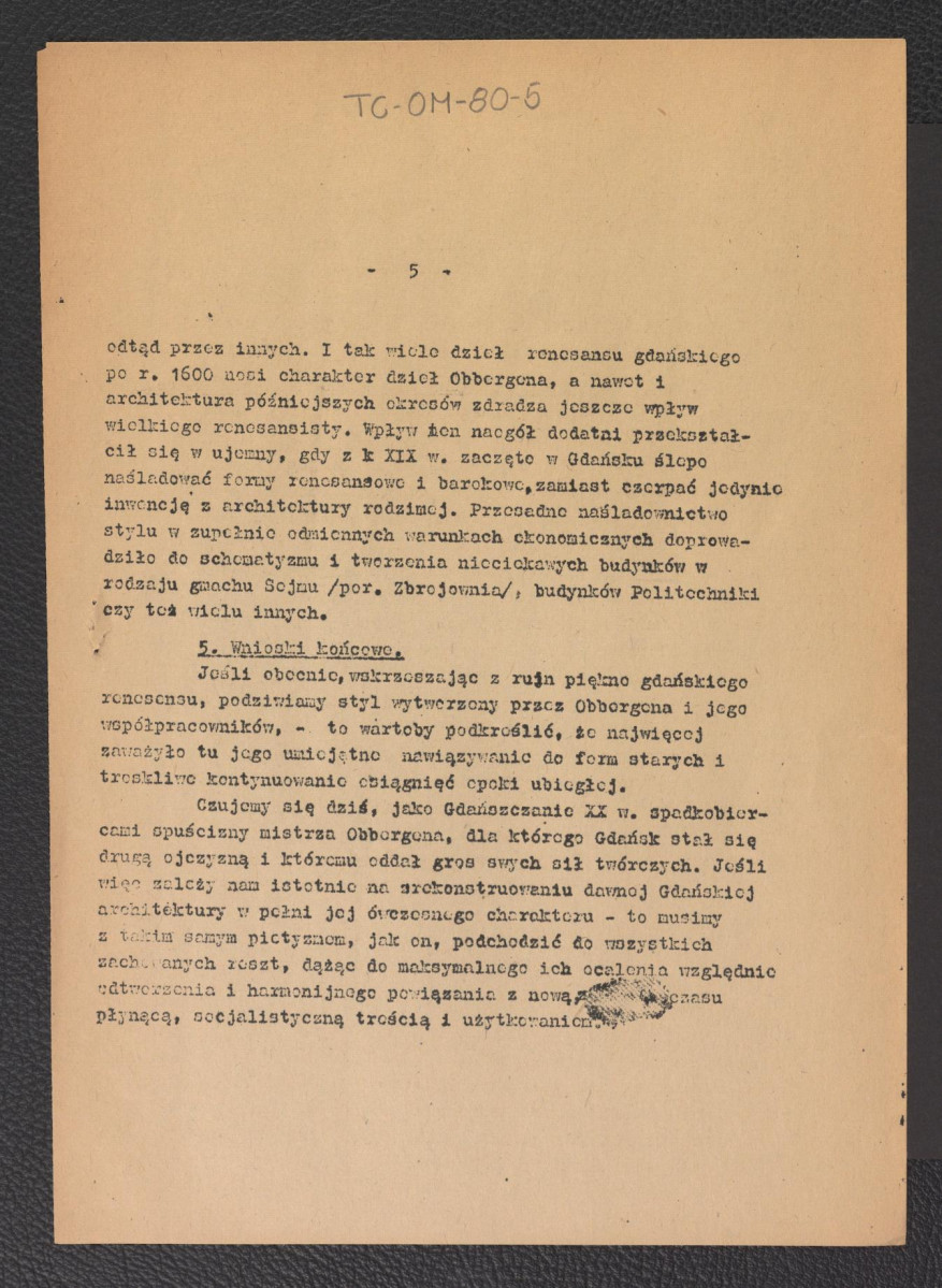 referat sekcyjny pt. Antoni Van Obbergen wygłoszony przez mgr Jadwigę Habele podczas sesji naukowej Politechniki Gdańskiej w dniach 5-6 czerwca 1953 r., skan 5