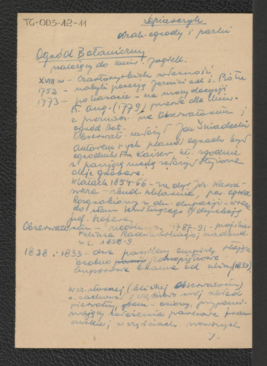 wypis z J. Lepiarczyk, O krakowskich ogrodach i parkach, [in:] Zieleń Krakowa, (ed.) J. Dobrzycki, Kraków 1955 zawierający ważniejsze epizody w dziejach ogrodu botanicznego, skan 1