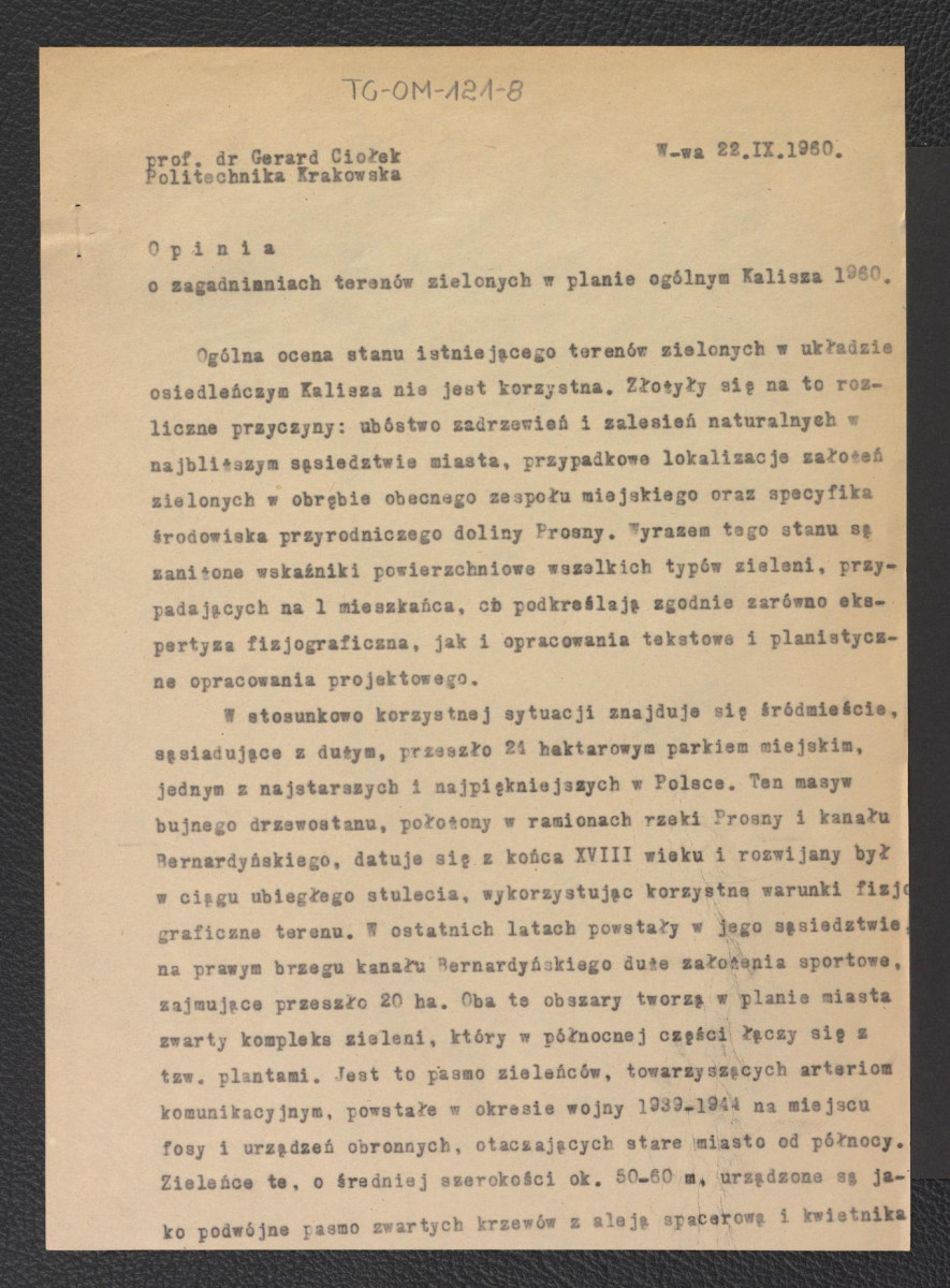 opinia o zagadnieniach terenów zielonych w planie ogólnym Kalisza autorstwa G. Ciołka; 22 września 1960 r., skan 1