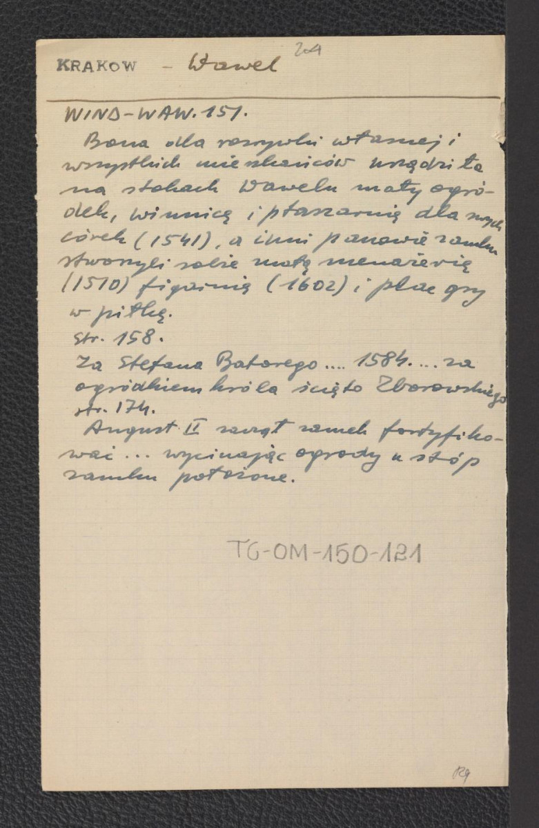 wypis z Wind-Waw. s. 151 i 158 wzmiankujący ogrody urządzone na stokach wzgórza wawelskiego z inicjatywy Bony oraz kilka epizodów z późniejszych dziejów tegoż założenia, skan 1