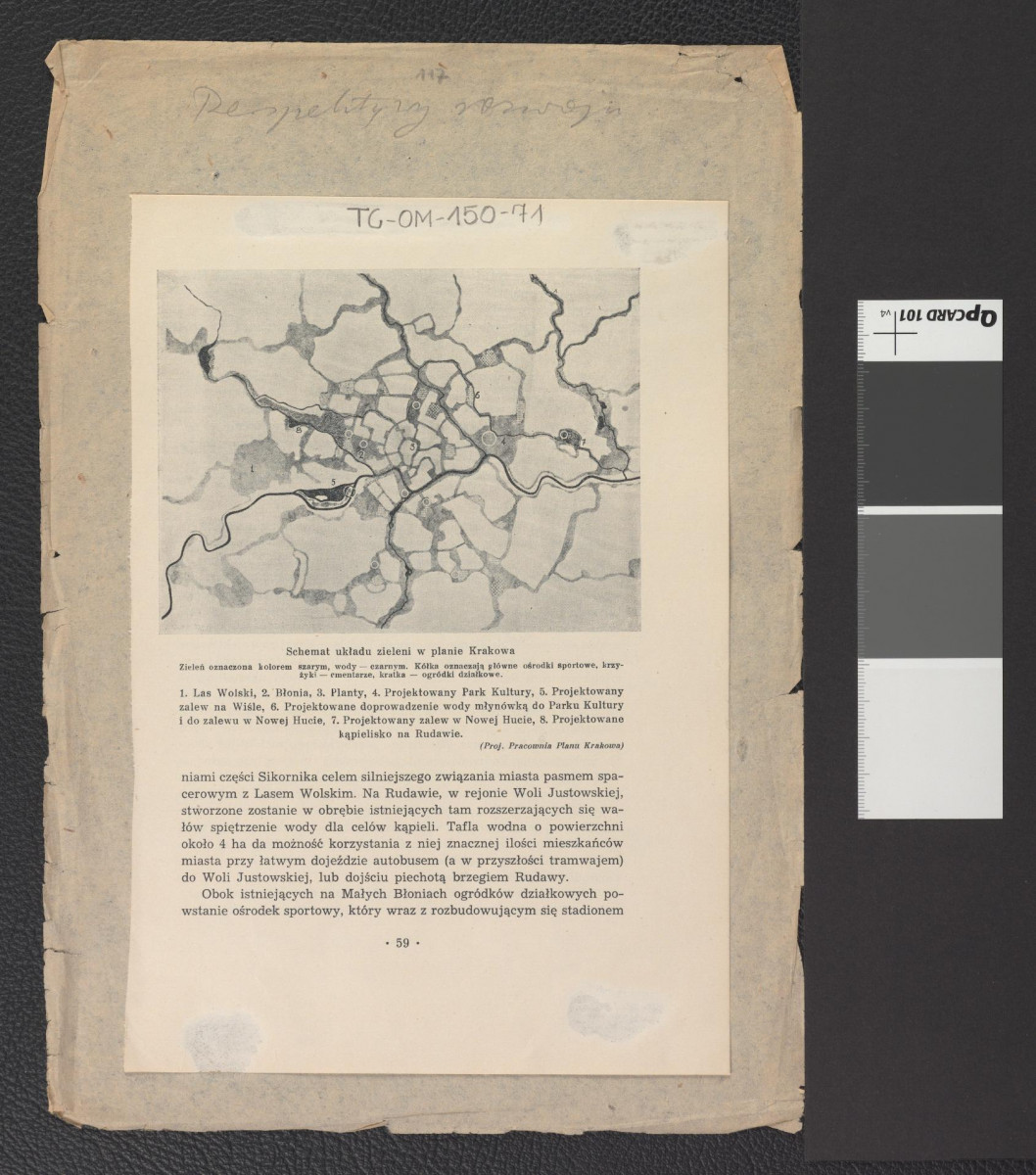 karta z publikacji tematycznej zawierającej projekt układu zieleni w planie Krakowa, skan 1