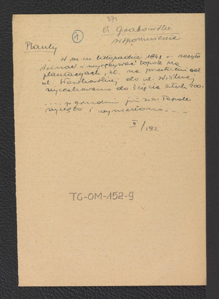 wypis z Grabowski A., Wspomnienia, t. II, s. 192 dotyczący wyrębu topoli na Plantach jesienią 1841 r., skan 1