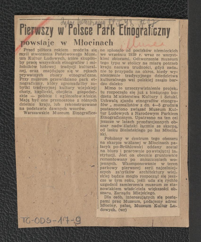 wycinek z „Życia Warszawy ” z 17 stycznia 1948 roku zawierający informację o pierwszym w Polsce parku etnograficznym, który powstawał w Młocinach, skan 1