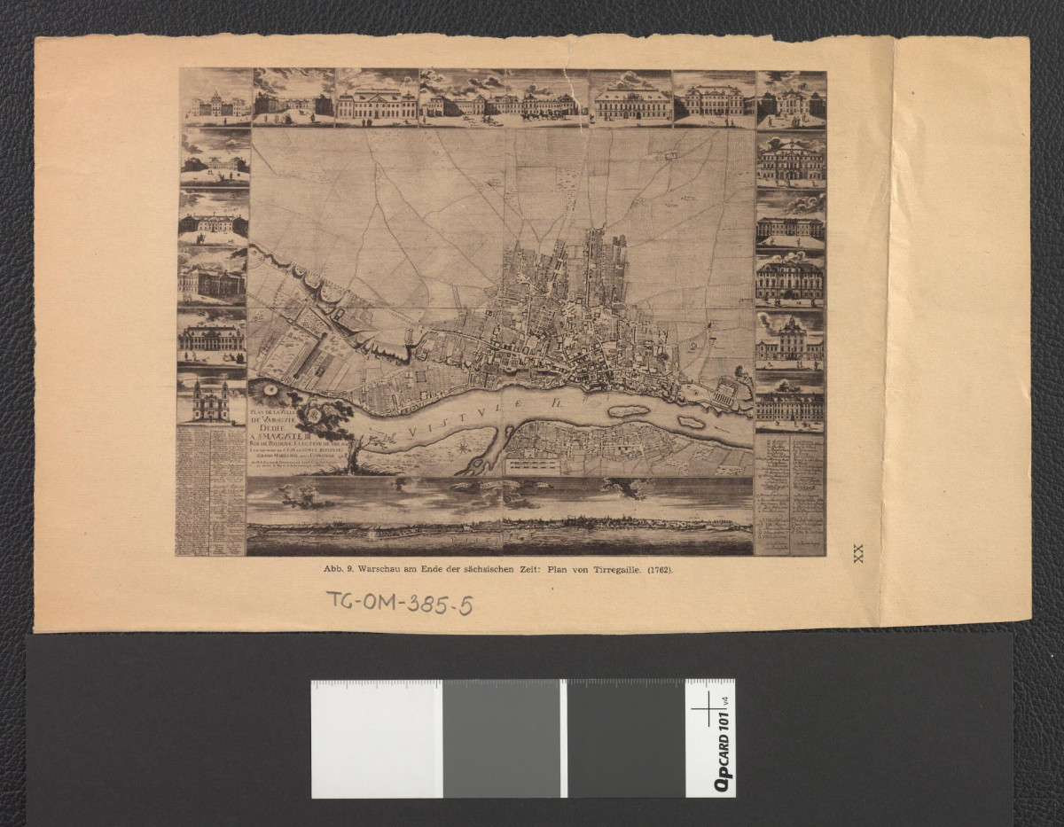 plan Warszawy Ricauda de Tirregaille z 1764 roku: wycinek z niemieckojęzycznej publikacji tematycznej zawierający reprodukcję planu, skan 3