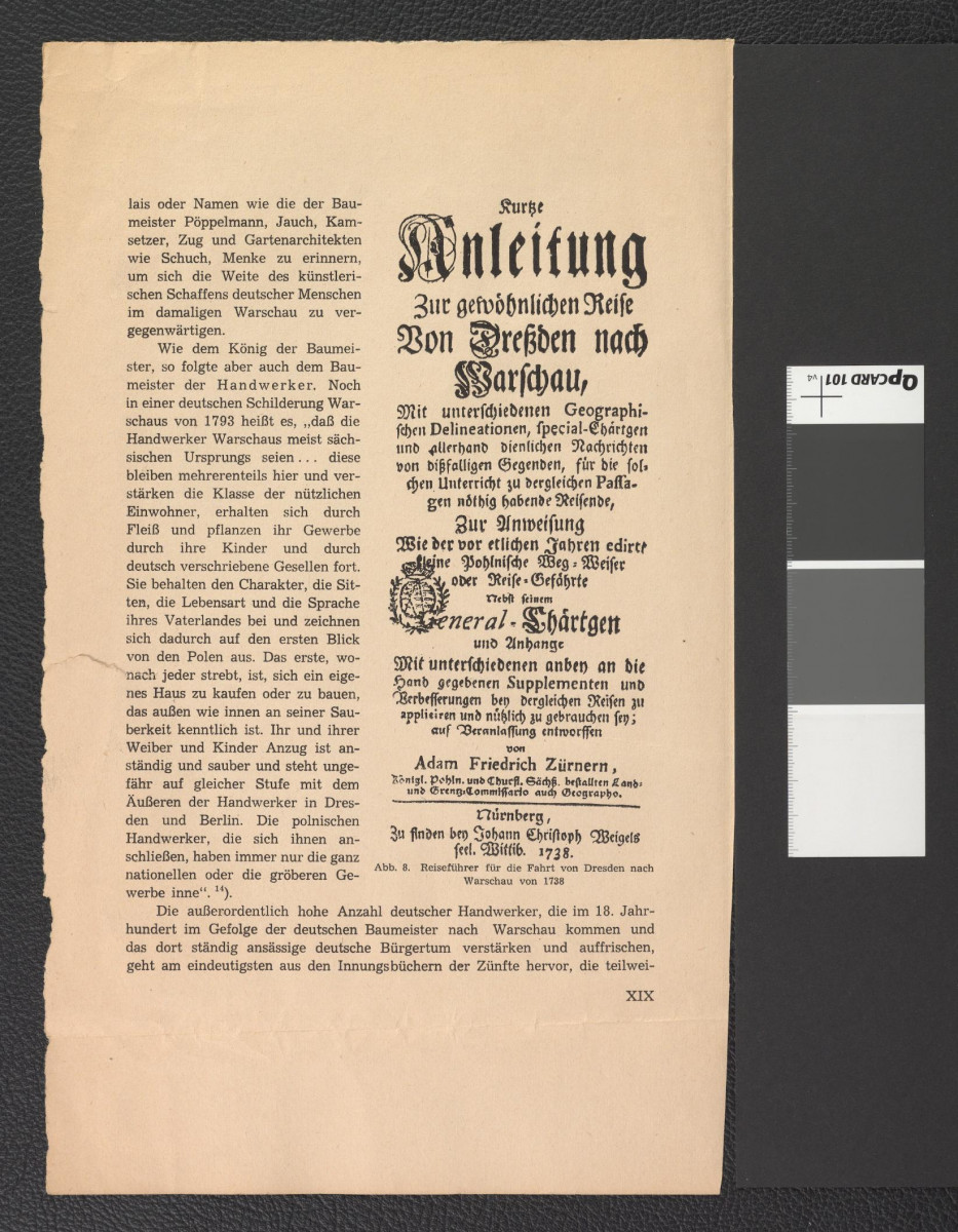 plan Warszawy Ricauda de Tirregaille z 1764 roku: wycinek z niemieckojęzycznej publikacji tematycznej zawierający reprodukcję planu, skan 4