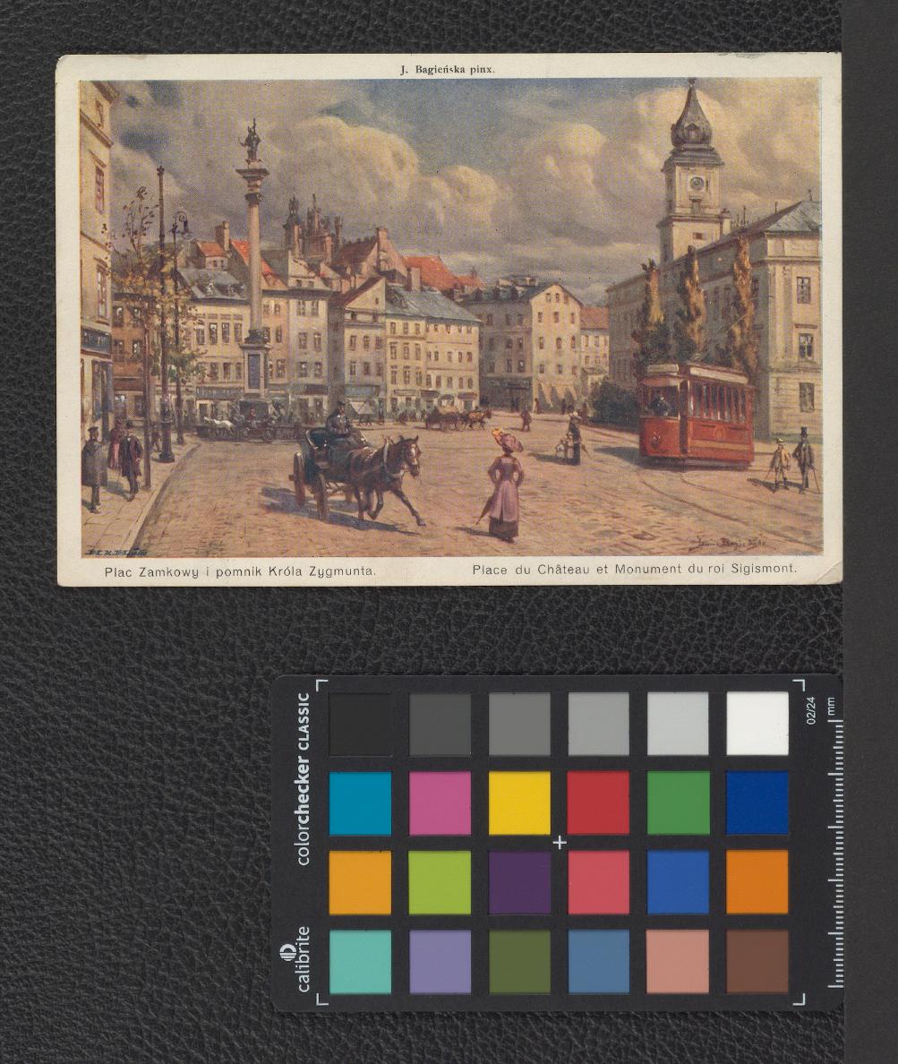 Plac Zamkowy i Kolumna króla Zygmunta III (reprodukcja barwnej pocztówki z epoki wykonana na podstawie akwareli Janiny Bagieńskiej), skan 1
