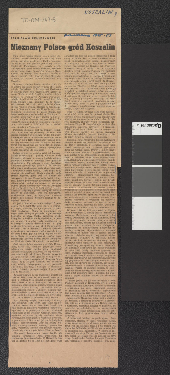wycinek z „Odrodzenie” nr 51 (1945) zawierający tekst autorstwa Stanisława Helsztyńskiego pt. Nieznany Polsce gród Koszalin, skan 1