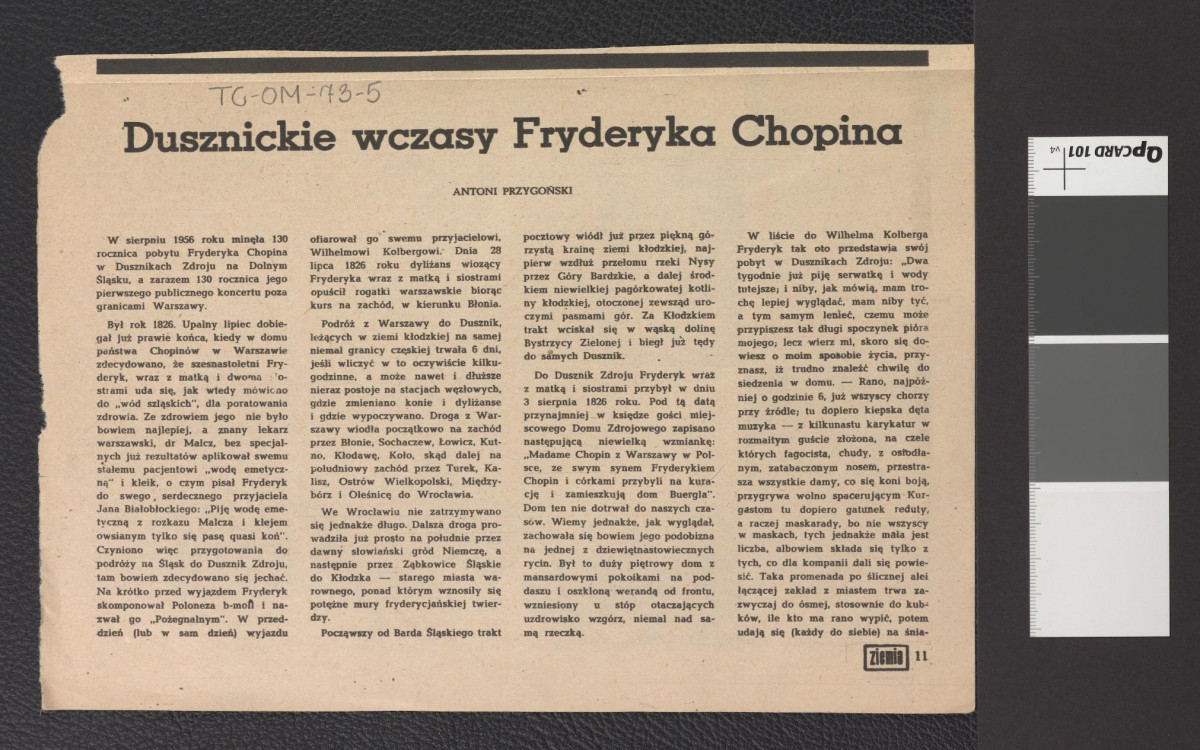 wycinek z „Ziemia” nr 4 (1957), s. 11-14 zawierający tekst autorstwa Antoniego Przygońskiego pt. Dusznickie wczasy Fryderyka Chopina, skan 1