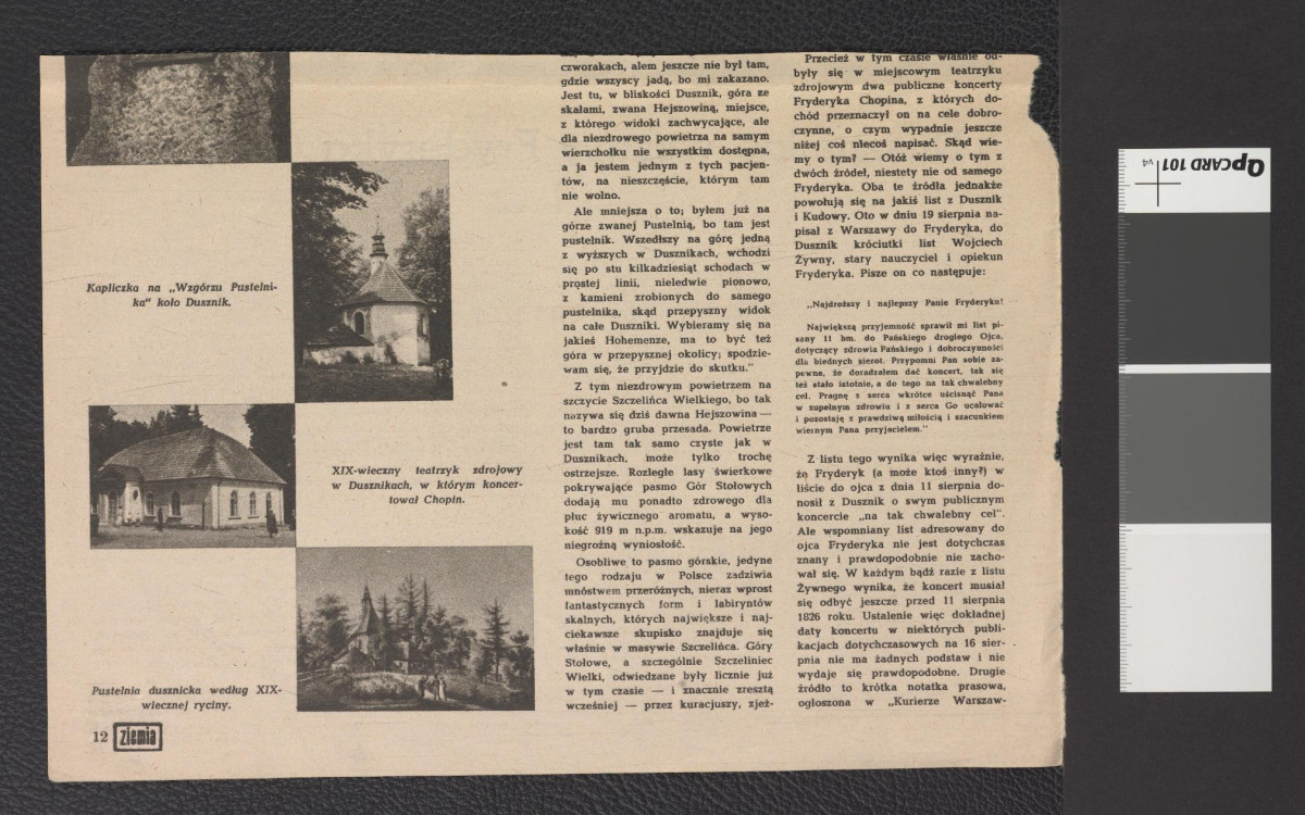 wycinek z „Ziemia” nr 4 (1957), s. 11-14 zawierający tekst autorstwa Antoniego Przygońskiego pt. Dusznickie wczasy Fryderyka Chopina, skan 2
