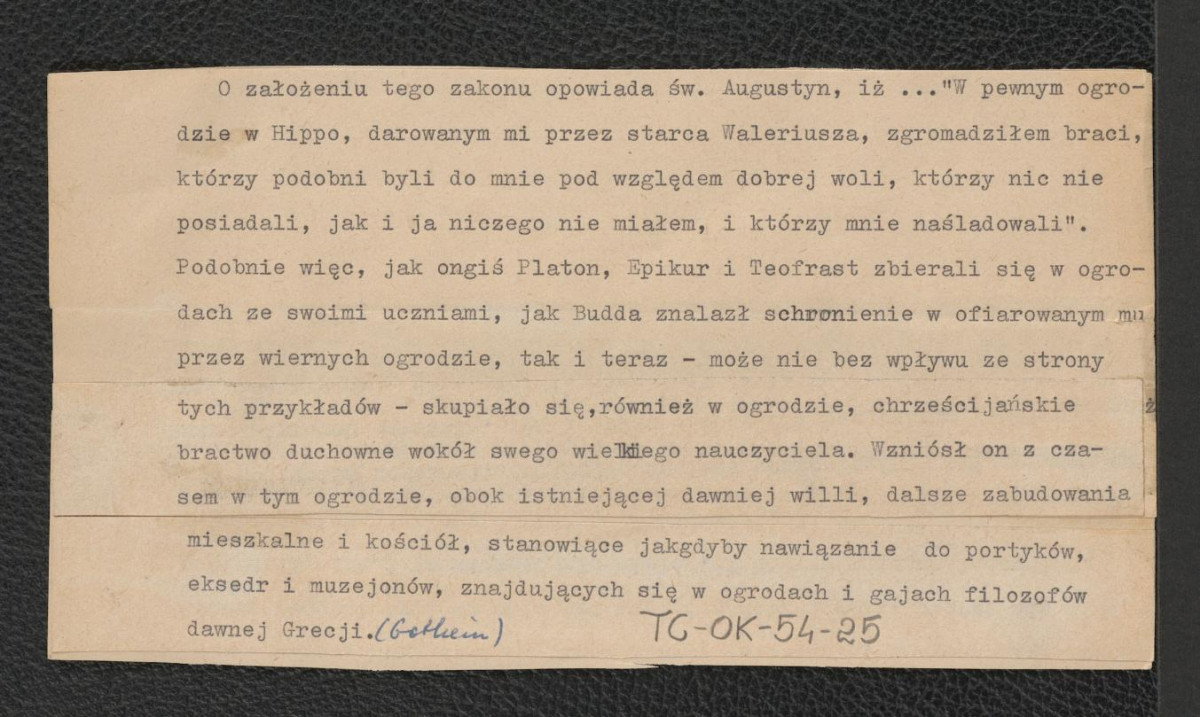 cytat z pism św. Augustyna dotyczący roli ogrodu w założonym przez niego klasztorze, skan 1