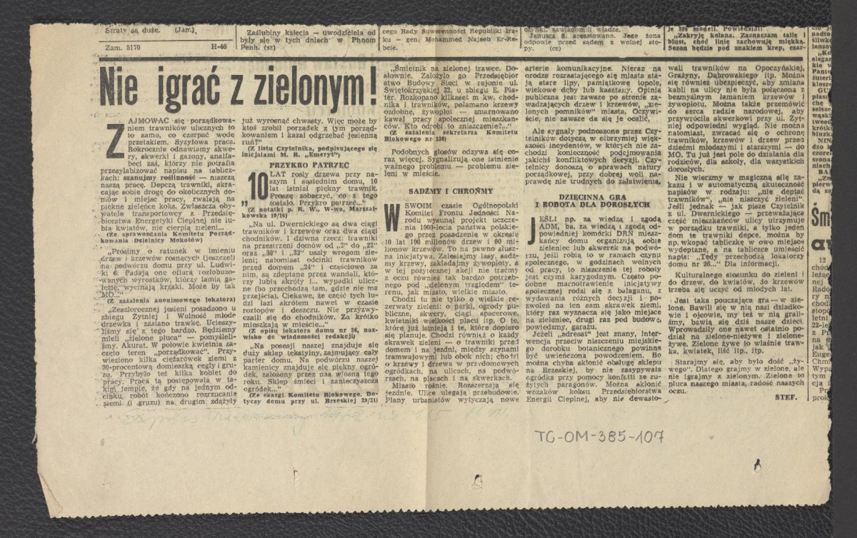 wycinki prasowe zawierające wzmianki na temat zabytkowych budowli i terenów zielonych w Warszawie, skan 1