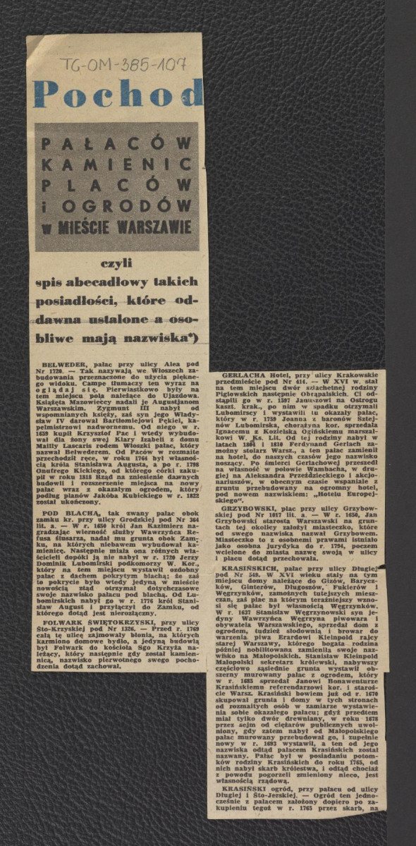 wycinki prasowe zawierające wzmianki na temat zabytkowych budowli i terenów zielonych w Warszawie, skan 3