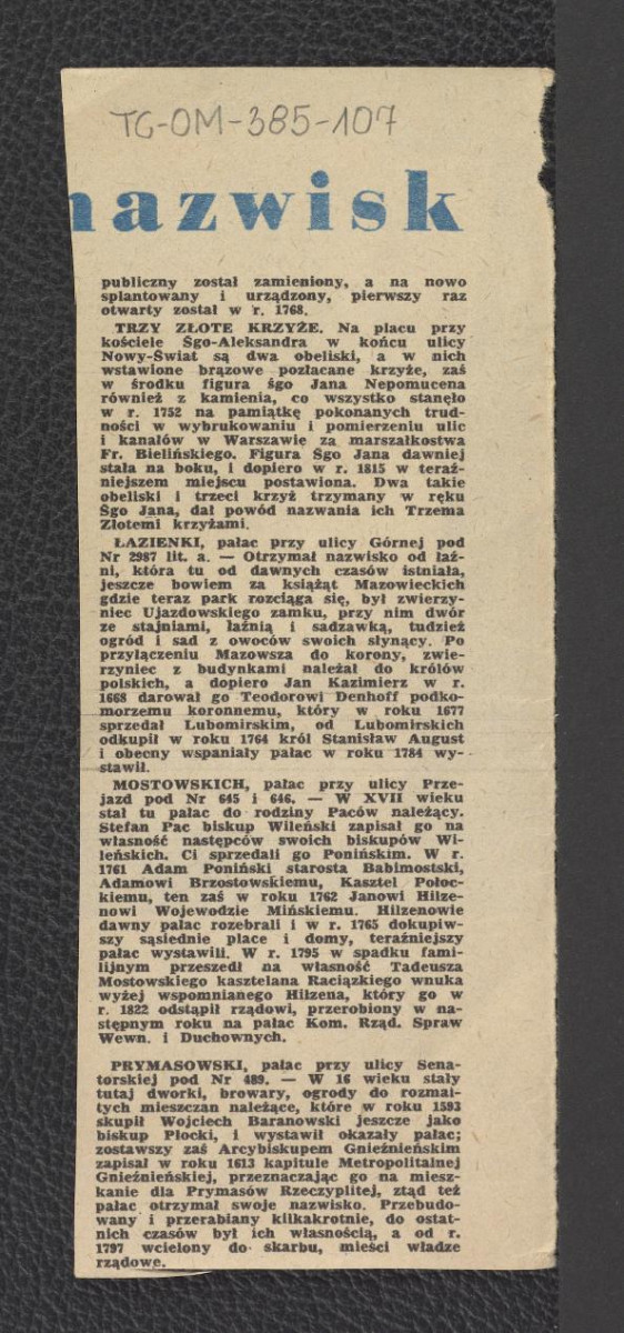 wycinki prasowe zawierające wzmianki na temat zabytkowych budowli i terenów zielonych w Warszawie, skan 9