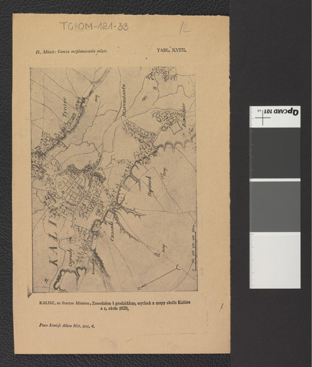 karta z publikacji Prace Komisji Atlasu, zeszyt 4 zawierająca reprodukcję planu sytuacyjnego z lat 1800-1802 oraz fragmentu mapy z ok. 1820 r., skan 1