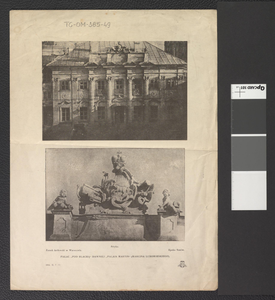 elewacja frontowa Pałacu „Pod Blachą” należącego niegdyś do Marcina Lubomirskiego (karta z czasopisma – 1924 rok) zawierająca dwie reprodukcje fotografii dwubarwnych, skan 1