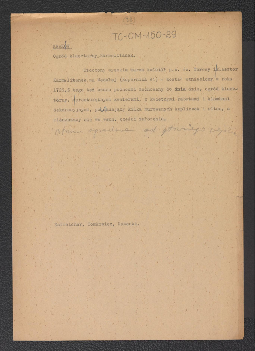notatka kompilowana na podstawie Kawecki, Tomkiewicz, Estreicher K., Kraków: przewodnik dla zwiedzających miasto i jego okolice, Kraków, 1931 dotycząca ogrodu klasztornego karmelitanek, skan 1