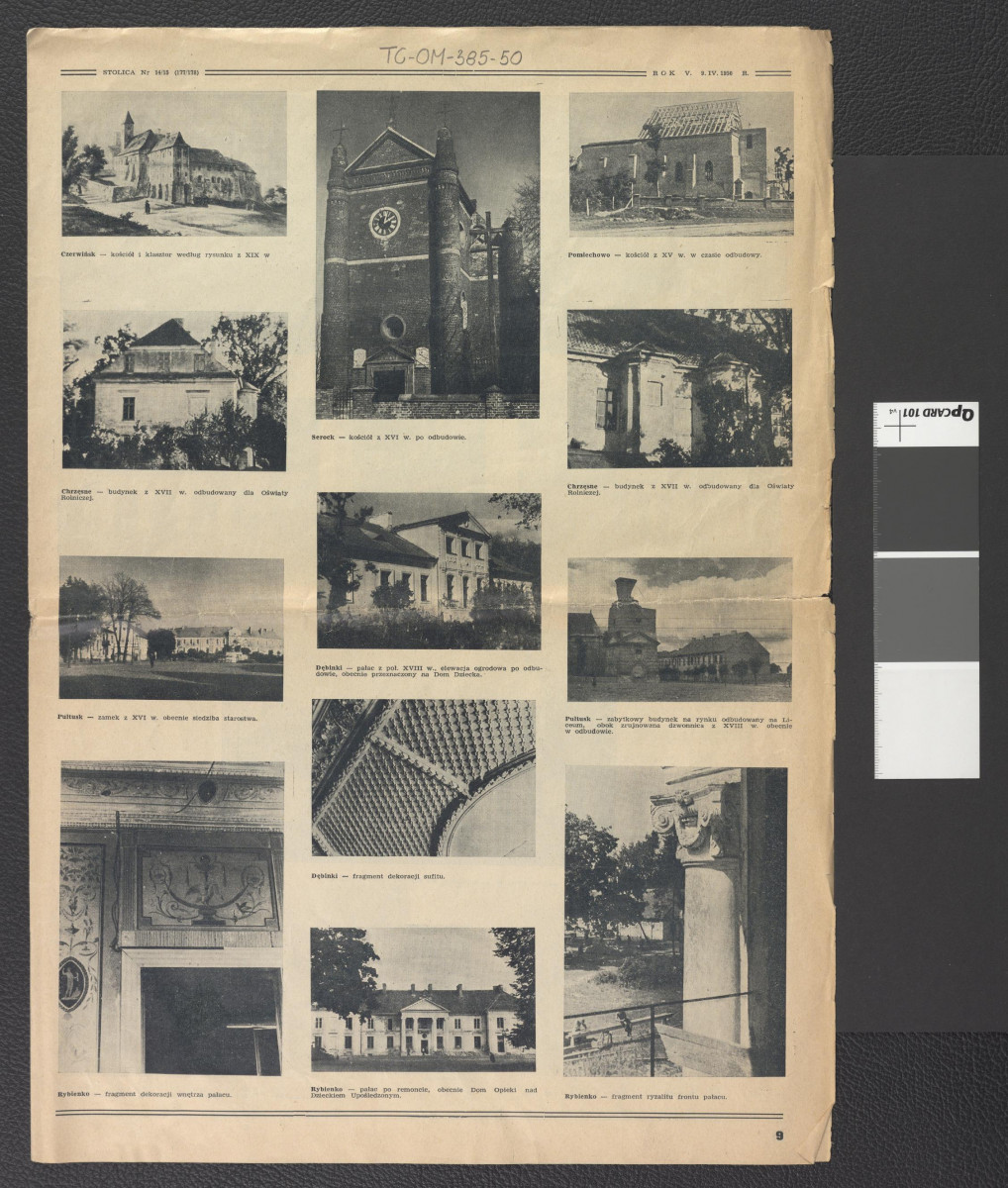 przykłady zabytków z terenów Mazowsza (karta z czasopisma „Stolica” nr 14/15 z 9 kwietnia 1950 roku zawierające dwubarwne reprodukcje fotografii), skan 1