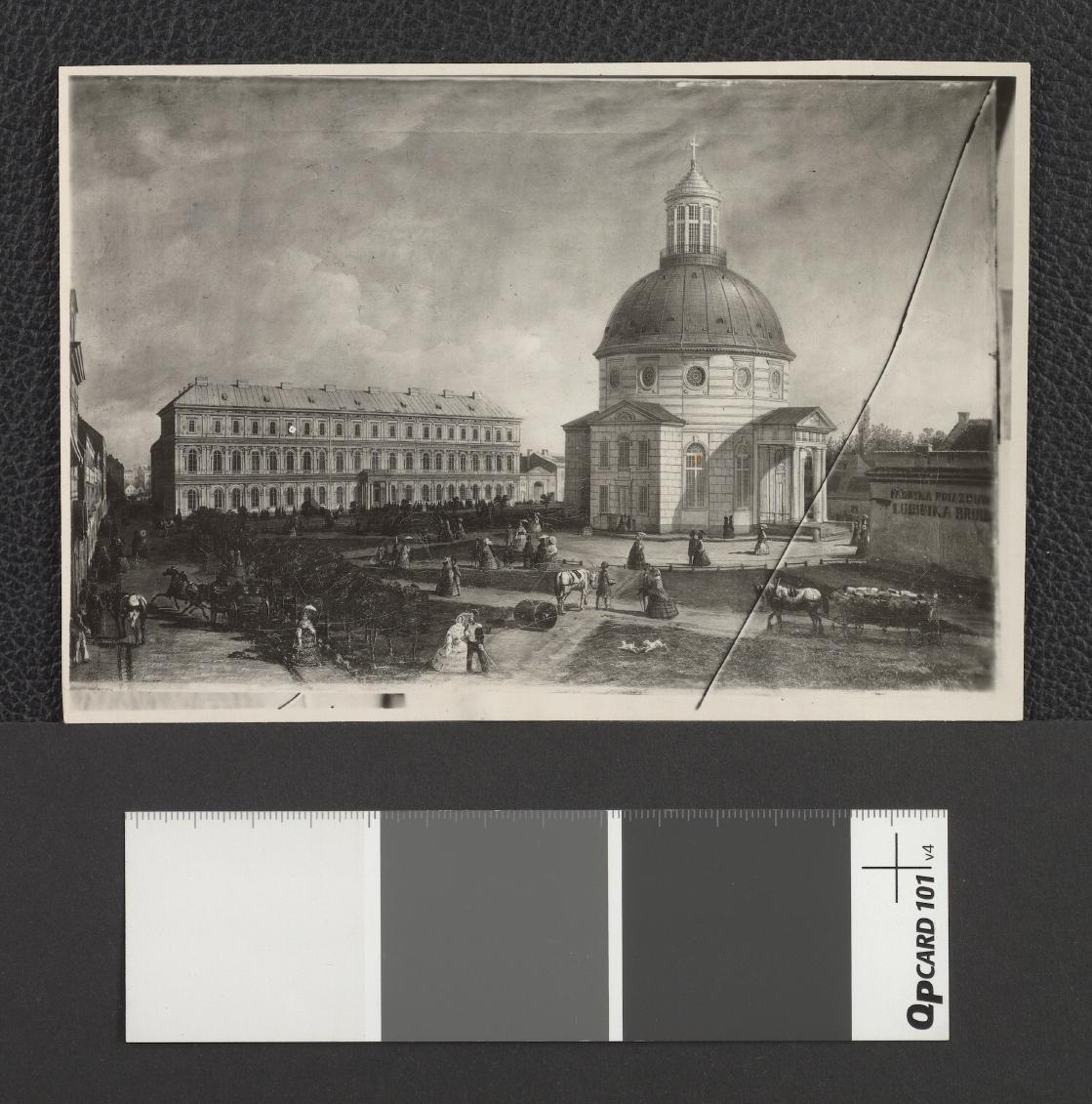 kościół ewangelicko-augsburski przy obecnym Placu Małachowskiego w pierwszej połowie XIX wieku (fotografia dwubarwna reprodukcji obrazu olejnego z epoki), skan 1