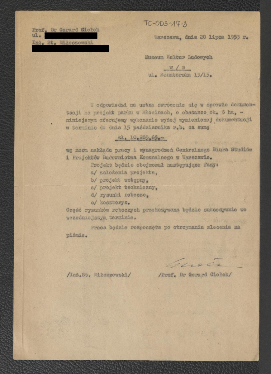 pismo Gerarda Ciołka oraz inż. St. Miłoszewskiego skierowane do Muzeum Kultur Ludowych z dnia 20 lipca 1953 r. oferujące wykonanie projektu parku na Młocinach, skan 1