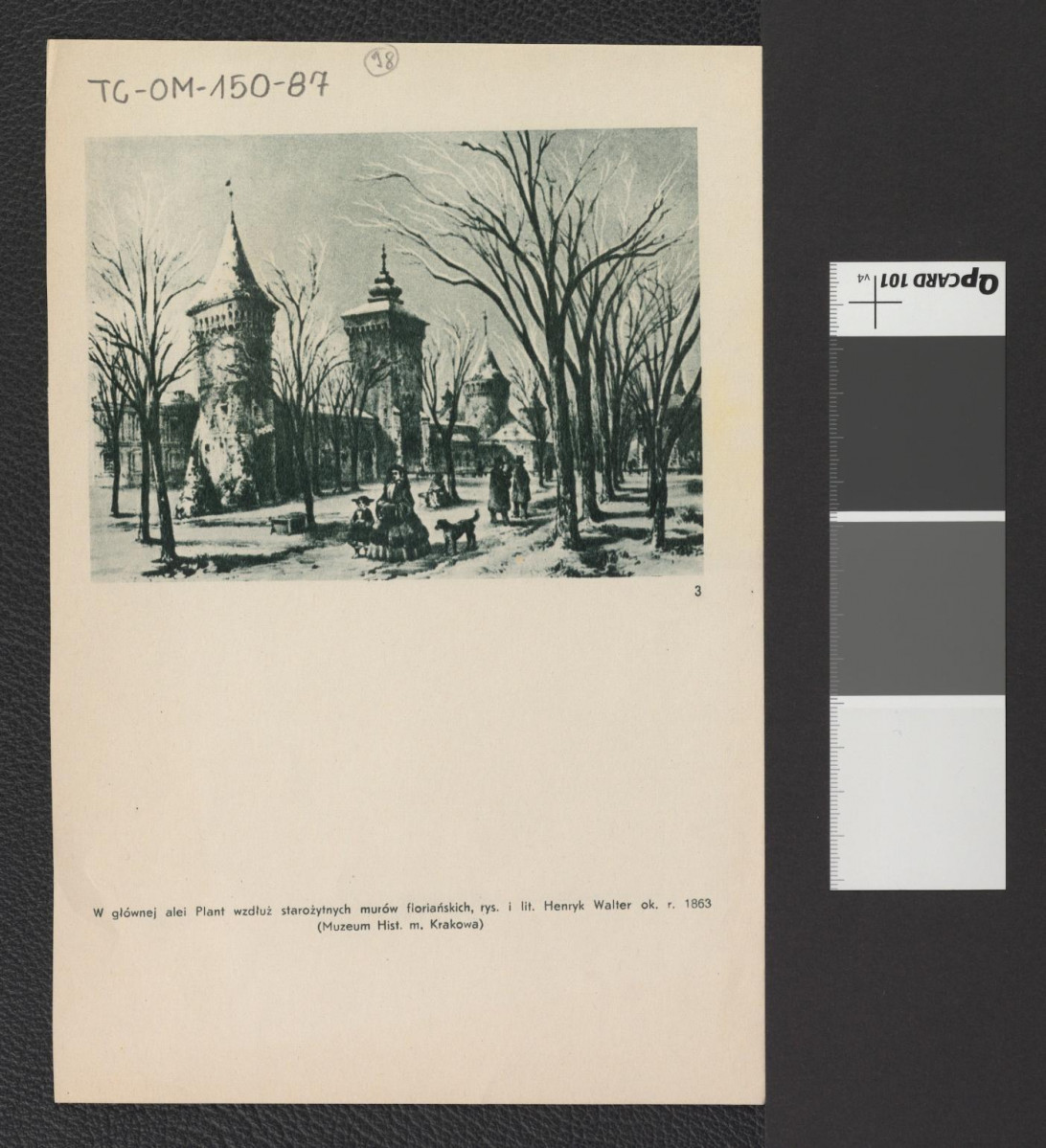 karta z publikacji tematycznej zawierająca reprodukcję litografii autorstwa Henryka Waltera z ok. 1863 r. według rysunku Józefa Matrasiewicza przedstawiającego główną aleję plant wzdłuż murów floriańskich; na odwrocie pijalnia wód mineralnych i gazowych na Plantach założona przez Walerego Wielogłowskiego w 1864 r., skan 1