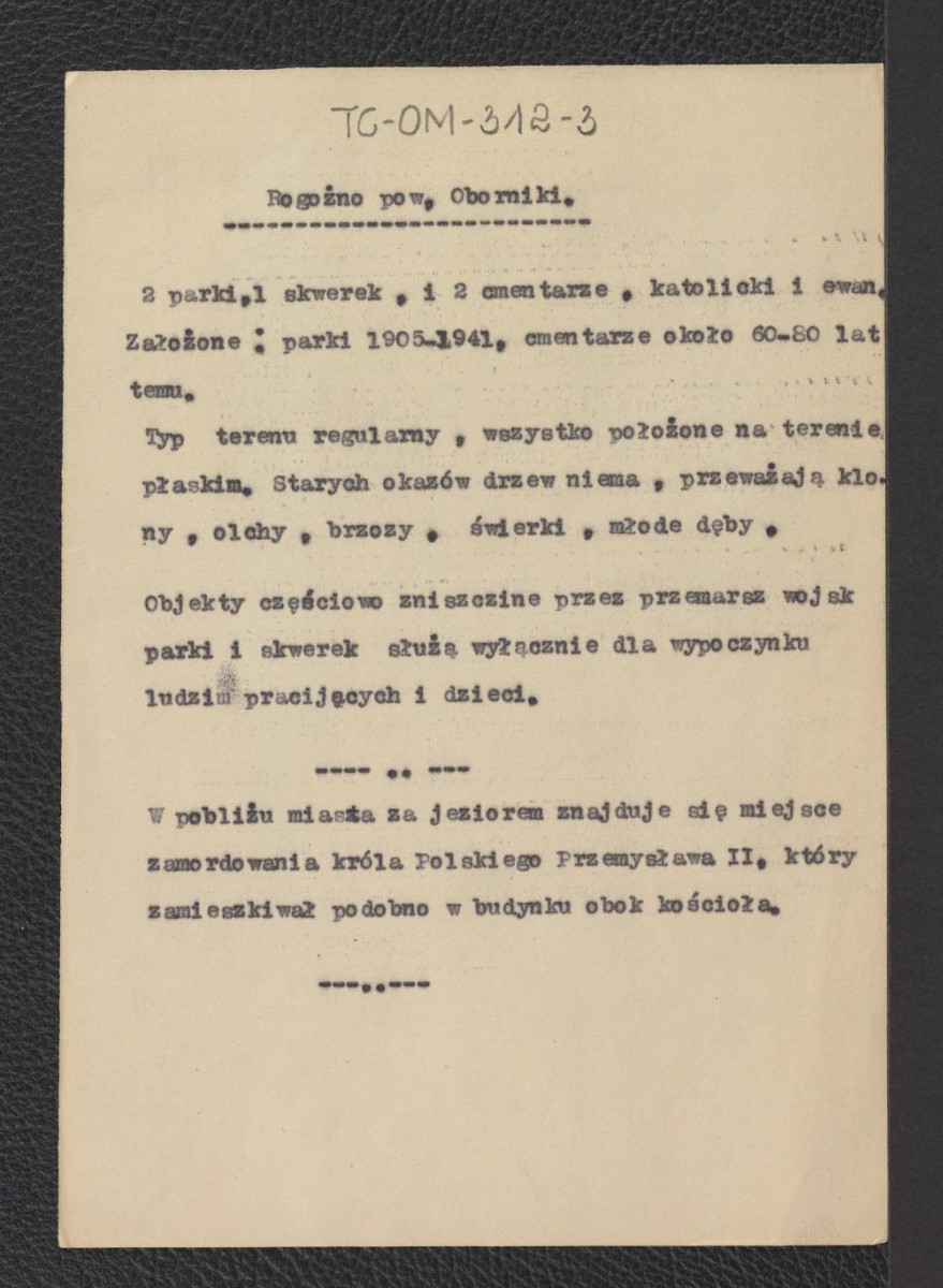 wypis prawdopodobnie ze Sprawozdania Wojewódzkiego Konserwatora Zabytków w Poznaniu charakteryzujący miejscowe zabytki oraz tamtejszą przyrodę, skan 1