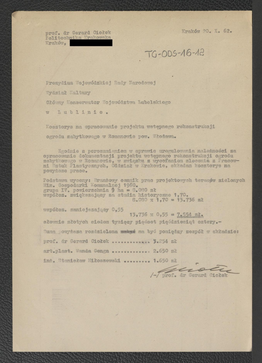 kosztorys na opracowanie wstępnego projektu rekonstrukcji ogrodu zabytkowego w Romanowie z dnia 20-10-1962 r., skan 1