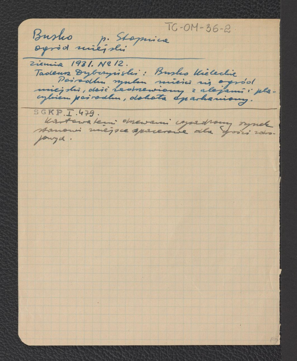 odsyłacze do „Ziemia” nr 12 (1931) oraz Słownika Geograficznego Królestwa Polskiego t. I, s. 479 według Tadeusza Dybrzyńskiego wzmiankujący usytuowanie ogrodu miejskiego w środku rynku, skan 1