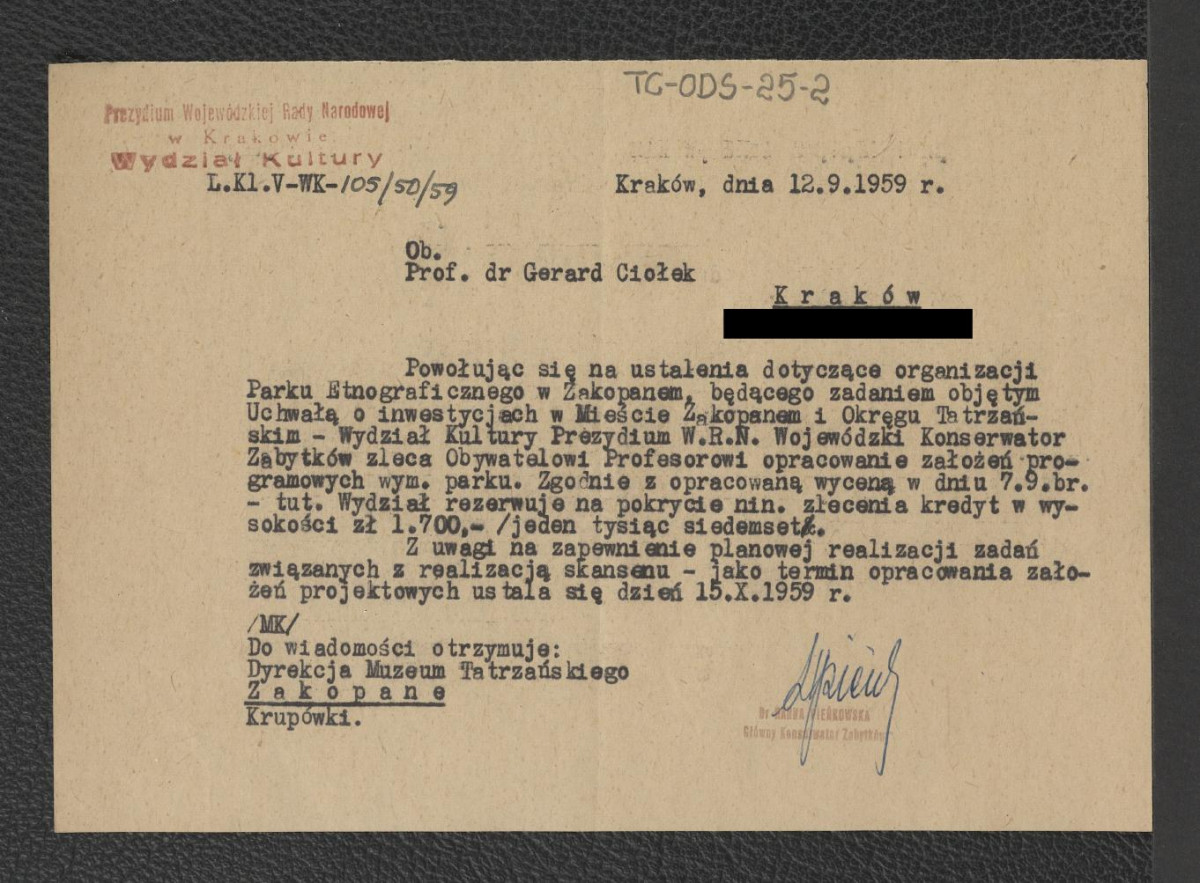pismo z dnia 12 września  1959 r. Wydziału Kultury Prezydium Wojewódzkiej Rady Narodowej w Krakowie do Gerarda Ciołka dotyczące opracowania załozeń programowo-organizacyjnych parku etnograficznego w Zakopanem, skan 1