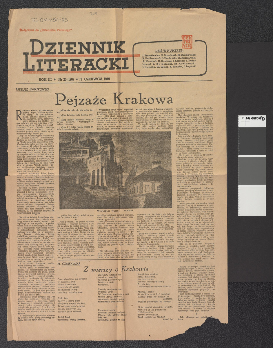 karta z „Dziennik Literacki” (dodatek do „Dziennika Polskiego” nr 25/120) z 19 czerwca 1949 r. zawierająca artykuł autorstwa Tadeusza Kwiatkowskiego pt. Pejzaże Krakowa, skan 1