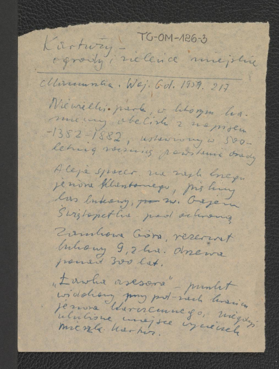 wypis z Mamuszka F., Województwo Gdańskie. Przewodnik, Warszawa 1959, s. 217 dotyczący niewielkiego parku, skan 1