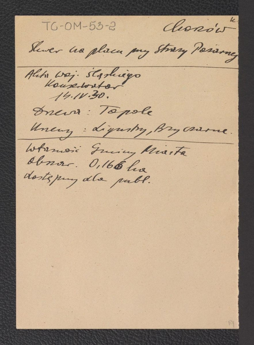 wypisy z Akt Województwa Śląskiego (Konserwator) z 14 kwietnia 1930 r. dotyczące skweru na placu przy Straży Pożarnej, skweru na Placu Wagnera, zieleńca przy ul. Moniuszki, parku na Górze Redutowej, parku hutniczego, parku Kościuszki oraz stadionu, skwerów przy Placu św. Józefa, Mickiewicza, Matejki, a także przy rynku; ponadto park skarboferny oraz przy ul. Urbanowicza, skan 1