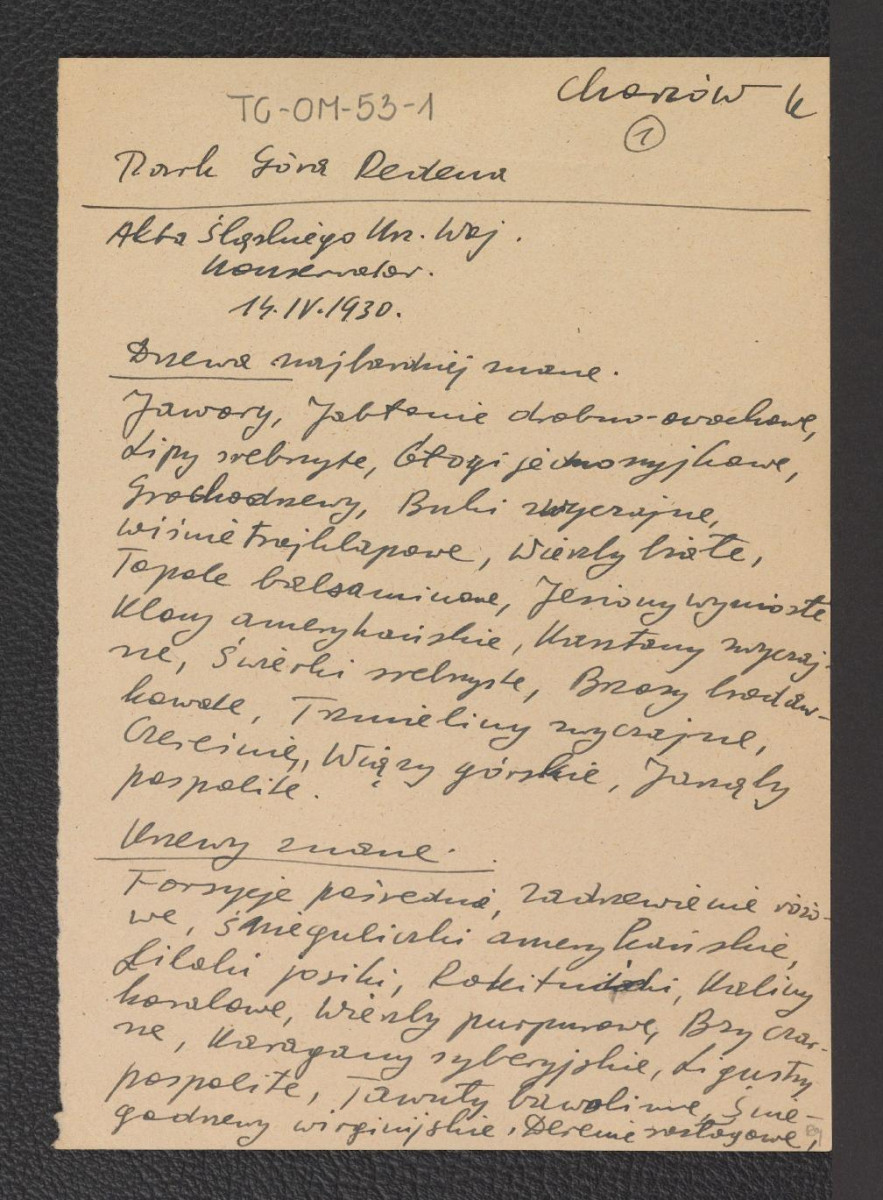 wypisy z Akt Województwa Śląskiego (Konserwator) z 14 kwietnia 1930 r. dotyczące skweru na placu przy Straży Pożarnej, skweru na Placu Wagnera, zieleńca przy ul. Moniuszki, parku na Górze Redutowej, parku hutniczego, parku Kościuszki oraz stadionu, skwerów przy Placu św. Józefa, Mickiewicza, Matejki, a także przy rynku; ponadto park skarboferny oraz przy ul. Urbanowicza, skan 5