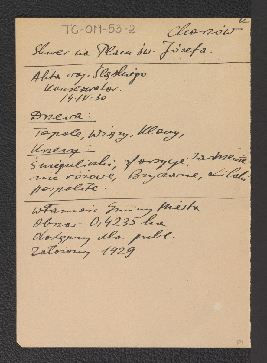 wypisy z Akt Województwa Śląskiego (Konserwator) z 14 kwietnia 1930 r. dotyczące skweru na placu przy Straży Pożarnej, skweru na Placu Wagnera, zieleńca przy ul. Moniuszki, parku na Górze Redutowej, parku hutniczego, parku Kościuszki oraz stadionu, skwerów przy Placu św. Józefa, Mickiewicza, Matejki, a także przy rynku; ponadto park skarboferny oraz przy ul. Urbanowicza, skan 8