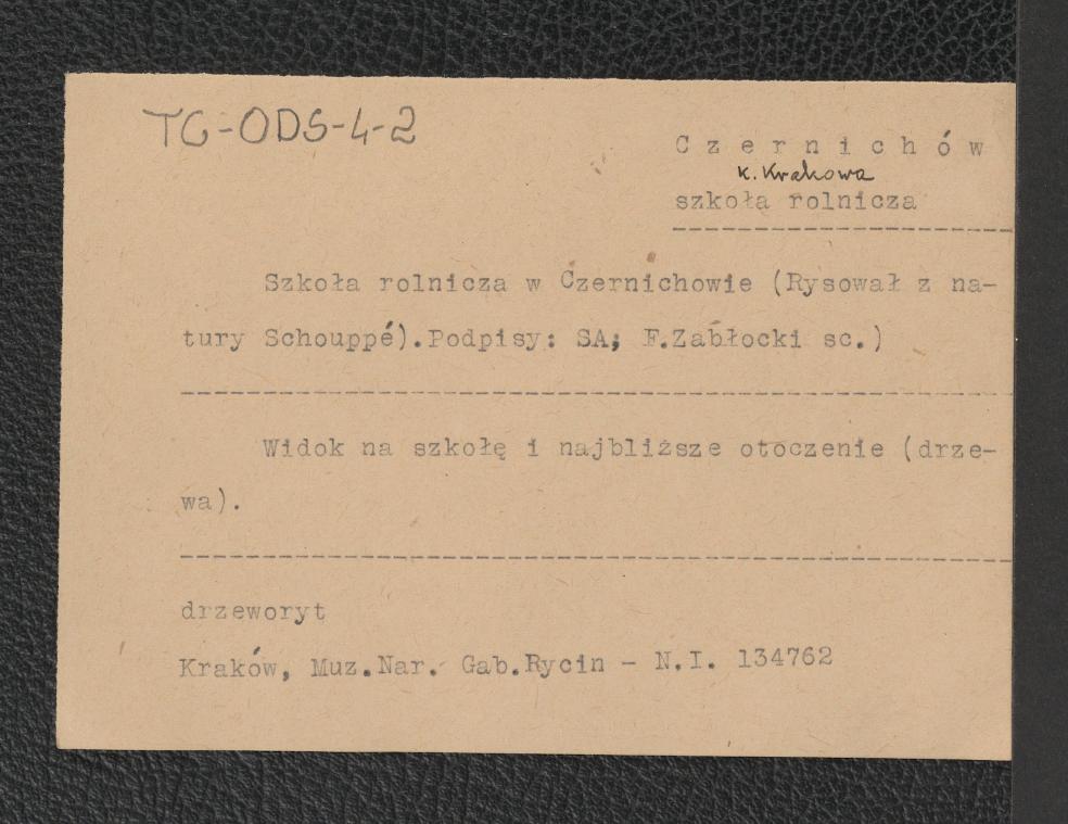 karta katalogowa zawierająca informację o rysunku Schoouppégo przedstawiającym widok miejscowej szkoły rolniczej; Gabinet Rycin Muzeum Narodowego w Krakowie - N.I.134762, skan 1