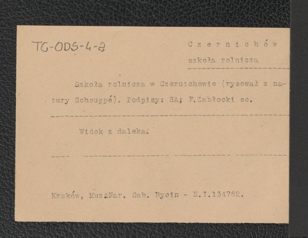 karta katalogowa zawierająca informację o rysunku Schoouppégo przedstawiającym widok miejscowej szkoły rolniczej; Gabinet Rycin Muzeum Narodowego w Krakowie - N.I.134762, skan 2
