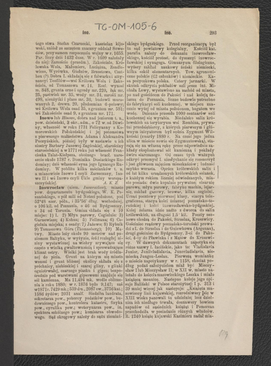 hasło z Słownika Geograficznego Królestwa Polskiego s. 293-296 dotyczące wymienionej miejscowości, skan 1