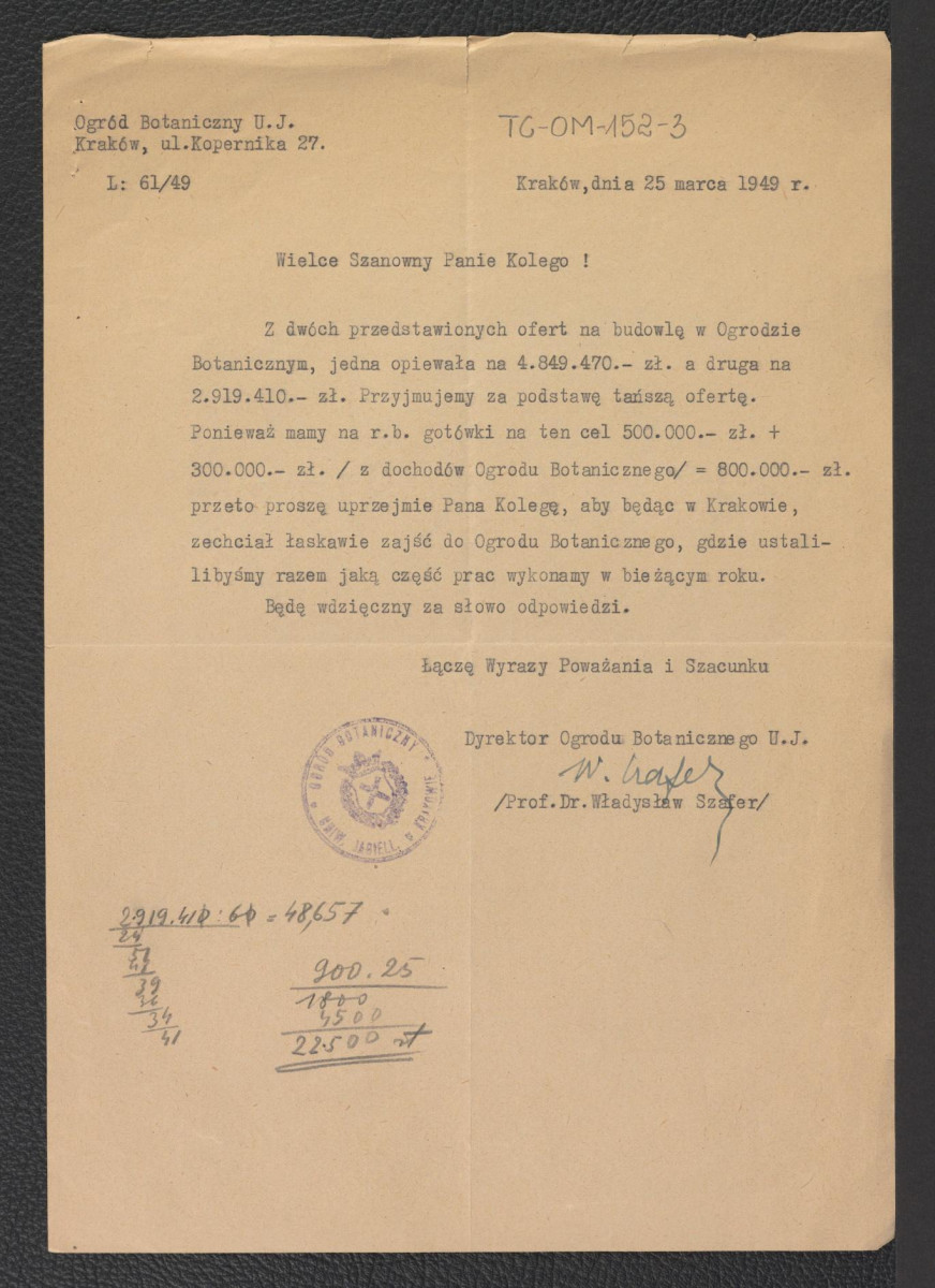zawiadomienie ze strony dyrektora ogrodu botanicznego UJ Władysława Szafera z 25 marca 1949 r. o wyborze oferty na budowę w rzeczonym ogrodzie, skan 1