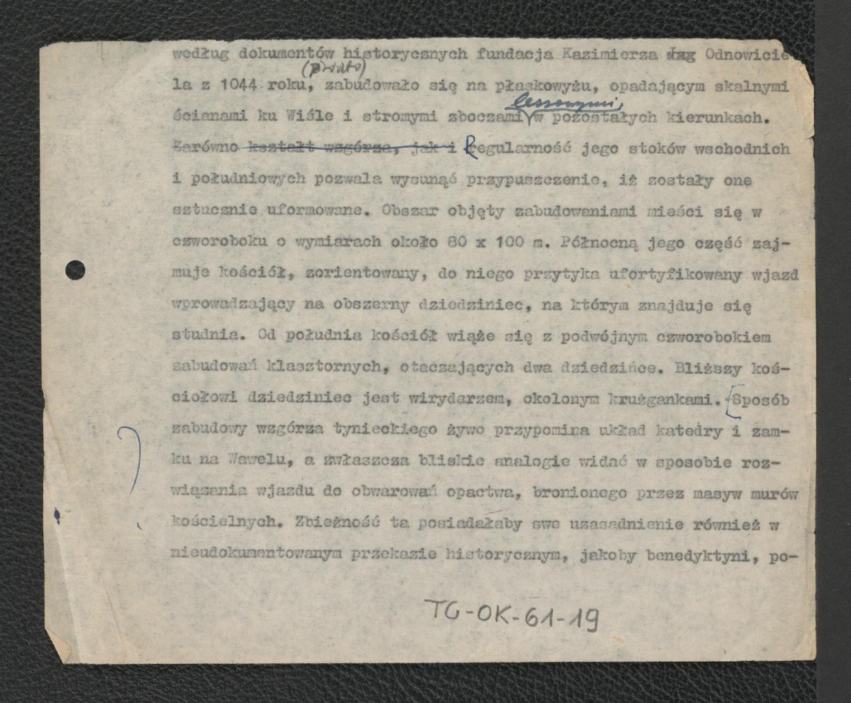 fragment opracowania dotyczącego rozwiązań architektonicznych klasztoru benedyktyńskiego w Tyńcu, skan 1